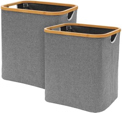 Nordic Simplicity Canvas Rectangular Bamboo Hamper / Laundry Organizer 17.5x15.75x13''