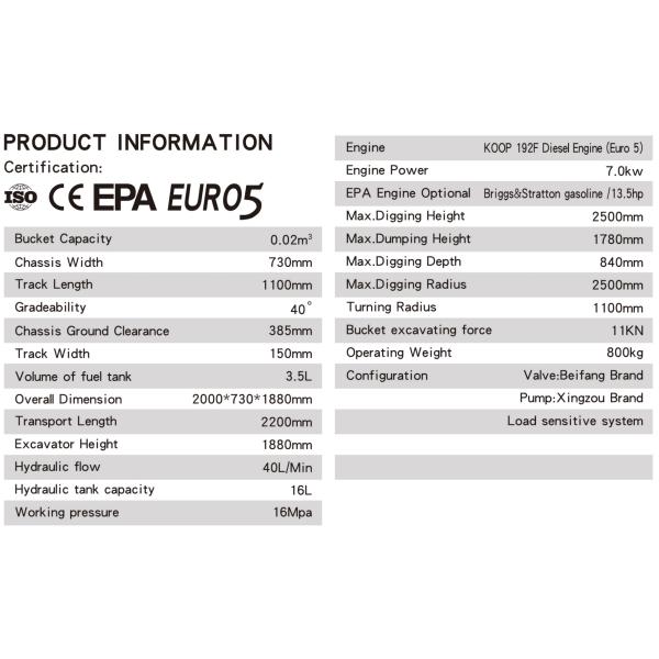 Mini escavadeira diesel KV09 com tanque de combustível de 3,5 litros e largura de trilho de 150 mm