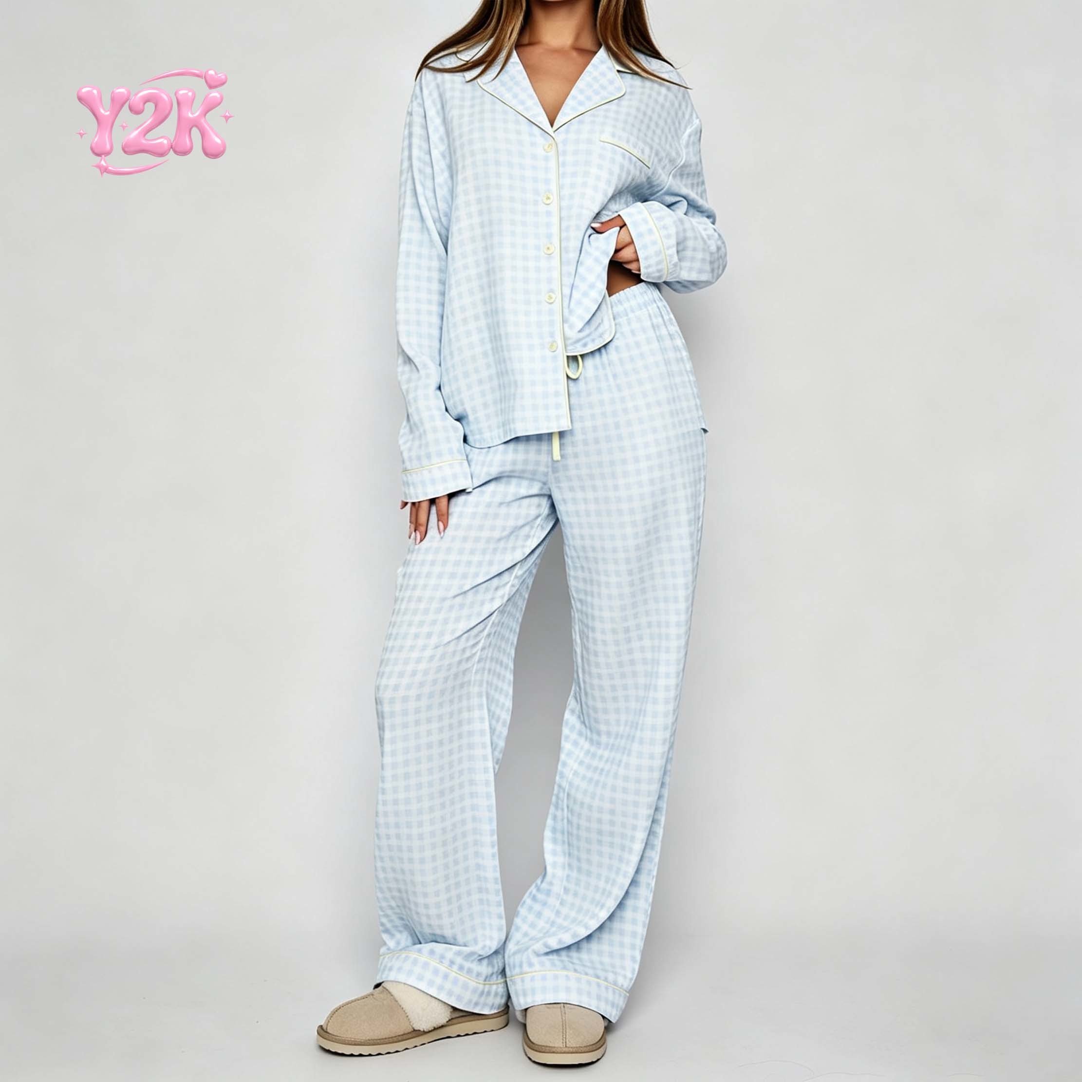 Custom Women's Checkered Button Shirt Straight Pajama Pants Set