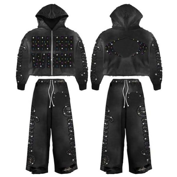 Custom Heavyweight Acid Wash Flared Sweatpants and Hoodie Sets Men Embroidery Streetwear Tracksuit Rhinestone Cropped Sweatsuit