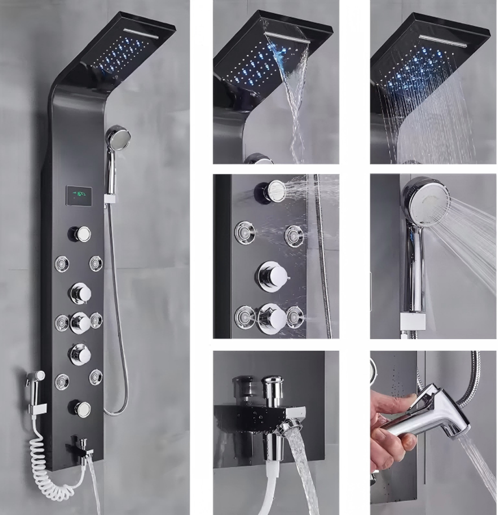 Modern Stainless Steel Luxury Bathroom Shower Panel 6-Spray Rain Shower with LED light & digital screen