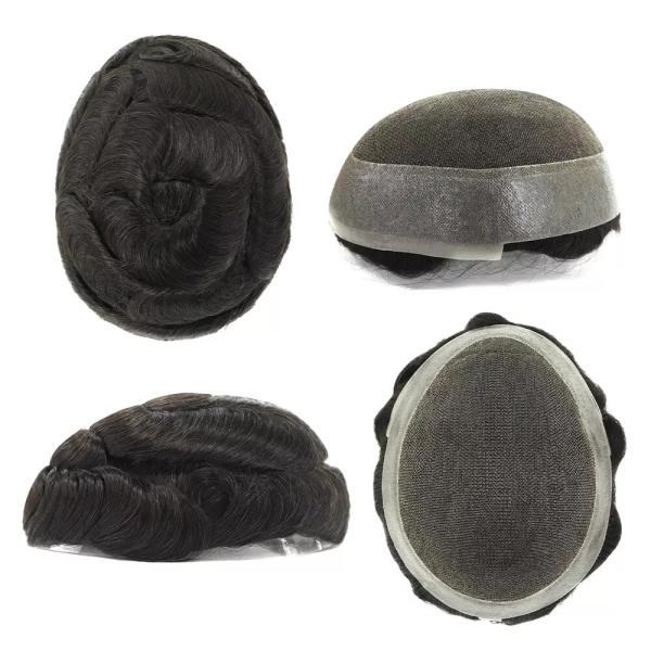 Mens Toupee Human Hair Replacement System French Lace Poly Skin Hairpieces #1B Australia