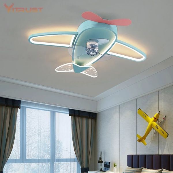 Kids Children Room LED Ceiling Fans Dimmable Remote Control Creative Plane Ceiling Fan With LED Light (WH-CLL-64)