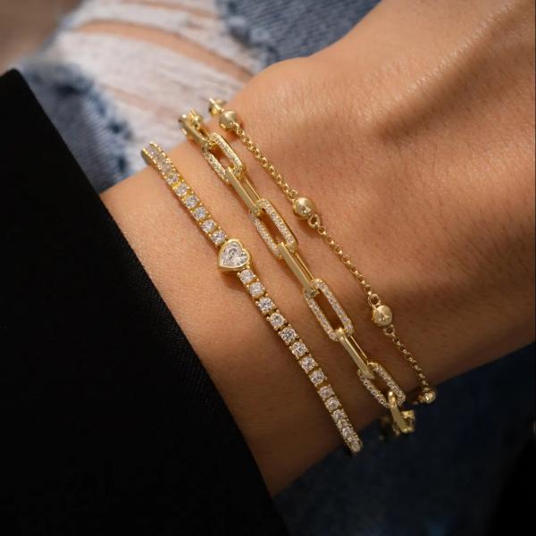Bracelet de tennis en forme de cœur plaqué or 14 carats et argent sterling 925 avec zircon