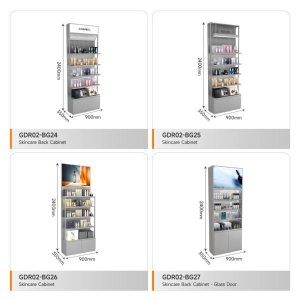 Skincare Store Stand  Grey Transparent Low Cabinet With Double-Sided Light Box For Customized Store Furniture And Trendy Store Interior Design