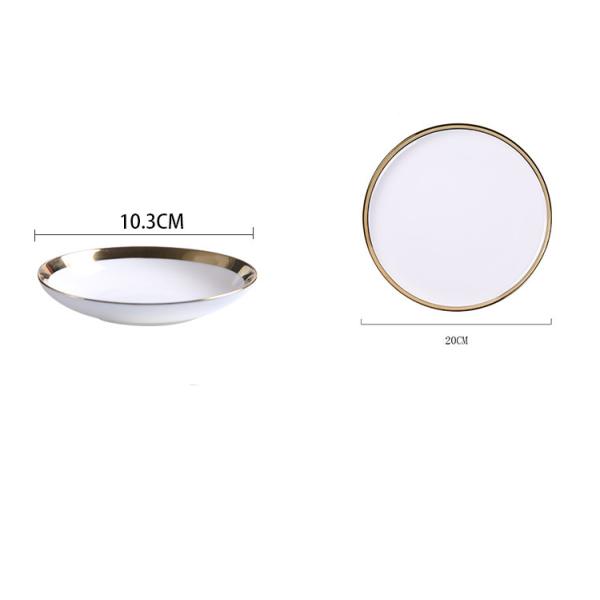 High Gloss White Porcelain Plates With Gold Trim Ceramic Tableware Set