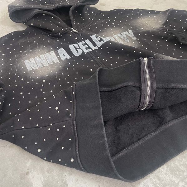Heavyweight Rhinestone Mens Clothing Streetwear Hip Hop Acid Wash Hoodie for Men Manufacturer Custom Zip up Black Cotton Hoodies