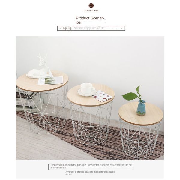 Modern Nightstand End Table Round Side Table Metal Mesh Base Wood Top Small Accent Coffee Table for Living Room Bedroom Office
