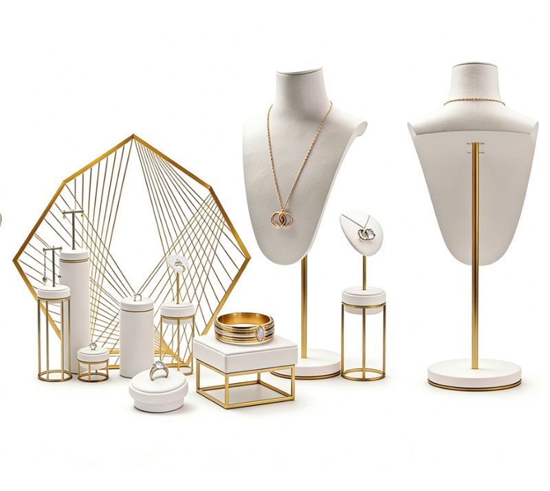 Luxury White Gold Jewelry Display Set LED Custom Velvet Metal Jewelry Stand for High-End Jewelry Boutique (Durable High Quality)