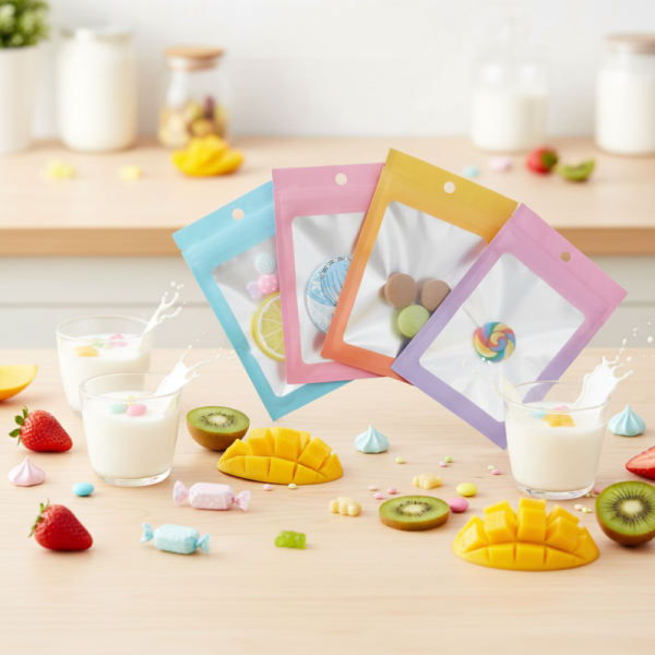 Low MOQ 100pcs Matte Colorful PE Mylar Heat Seal Zipper Bags with Window Moisture Proof Food Packaging for Milk Jelly Snacks