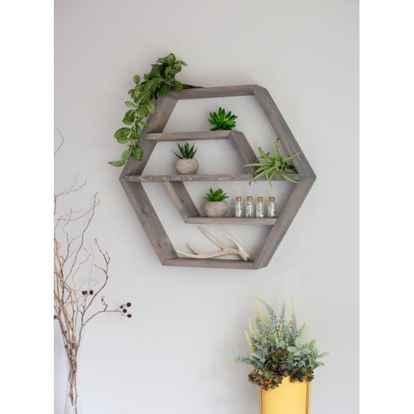 Home Decoration Solid Wood Hexagon Wall Mounted Floating Shelf Wooden Storage Shelves