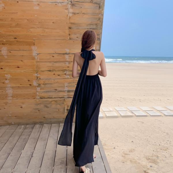 Backless Tie 136cm Black Chiffon Beach Dress V Neck Halter Strap Split