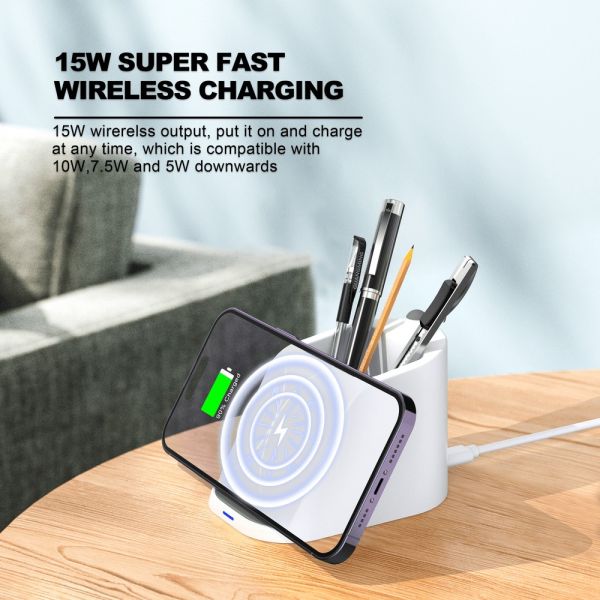 3 In 1 Multi Function Office Desk Organizer Gift Set 10W Wireless Charger Pencil Pen Holder Phone Stand