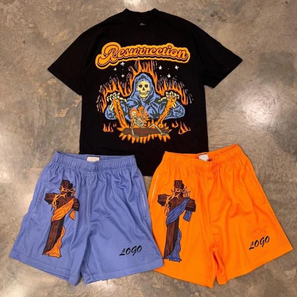 Customized Labels Men's 2 Piece Mesh Shorts Custom Shirt and Shorts Set in 100% Cotton
