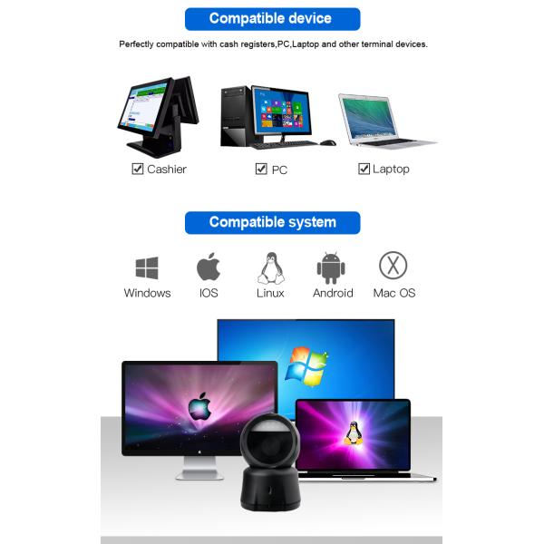 Leitor de códigos de barras 2D de alta velocidade sem mãos Escaneador de códigos de barras de escritório sem fio com base de carga