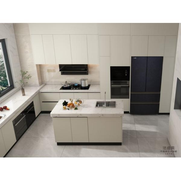 Off-White U-Shaped Stainless Steel Kitchen Cabinet with Island