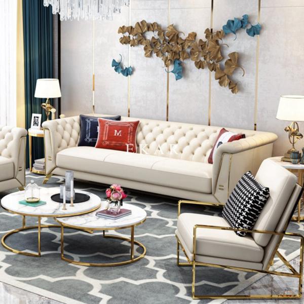Modern Style Metal Legs Tufted Leather 3 Seater Sofa