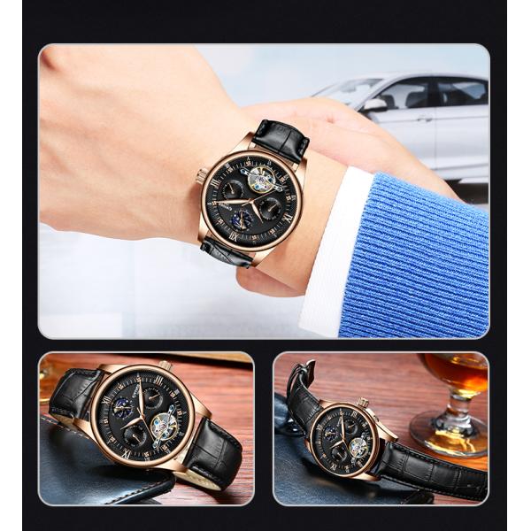 KINYUED genuine leather tourbillon mens automatic watch  men moon phase watch men wristwatch