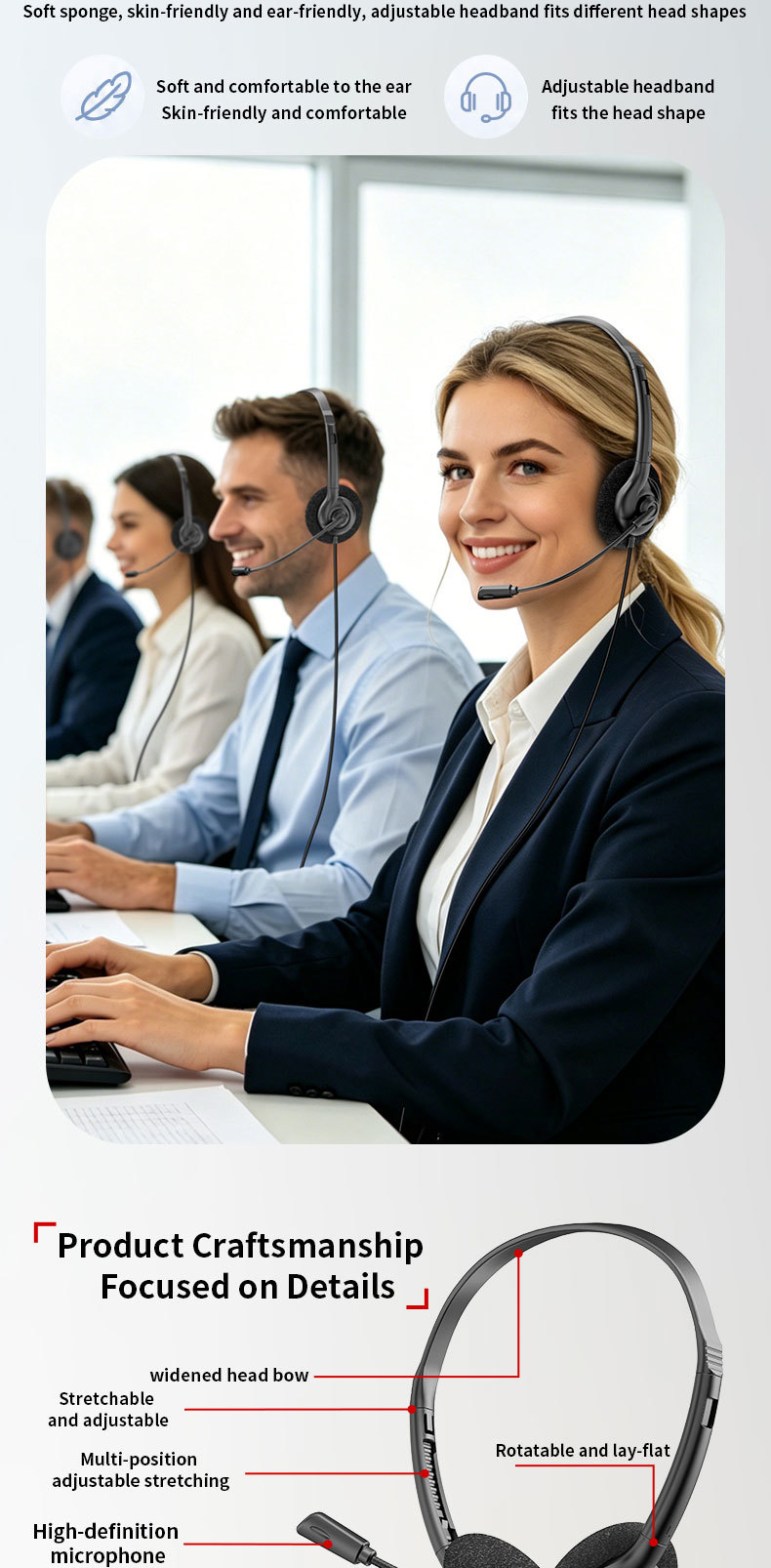JTY-0123 Colorful Wired Head Mounted Telephone Headphones with Foldable Microphone Lightweight Online Learning Office Headphones Support Logo Color Plug OEM/ODM Private Model Customization