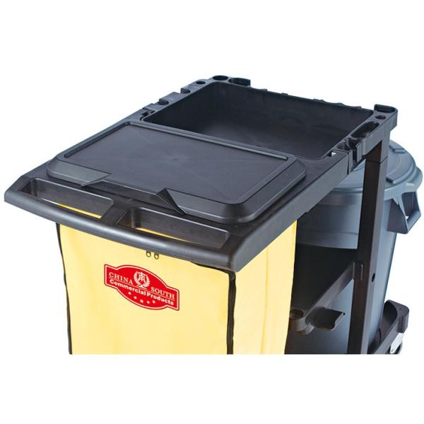 Черная пластиковая тележка чистки с 3 полками и желтой сумкой 4