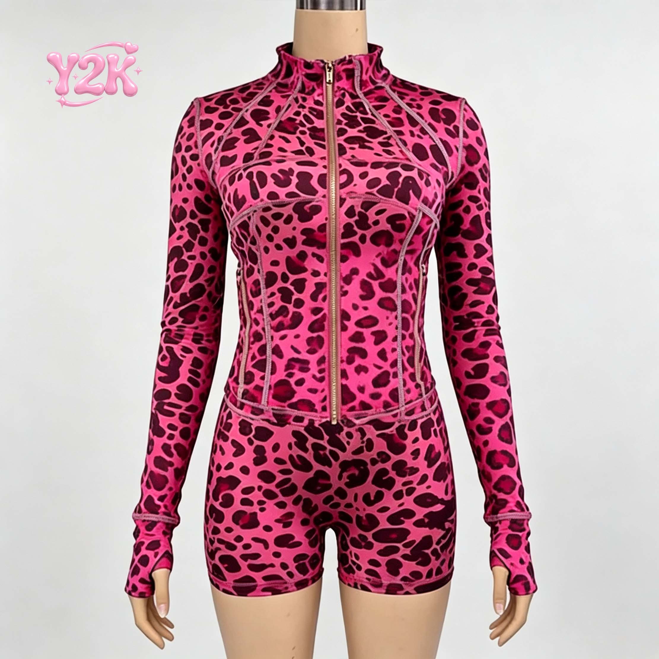 Custom Leopard Print Zip Up Jacket & Shorts Yoga Fitness Set
