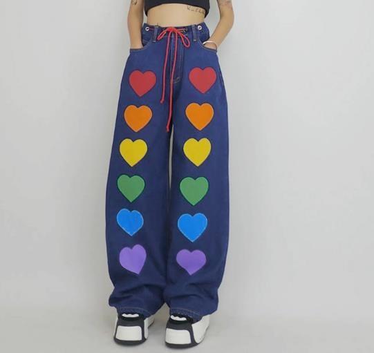 Small Quantity Clothing Factory Women'S Love Print Straight Leg Jeans With Tie-Up Trousers