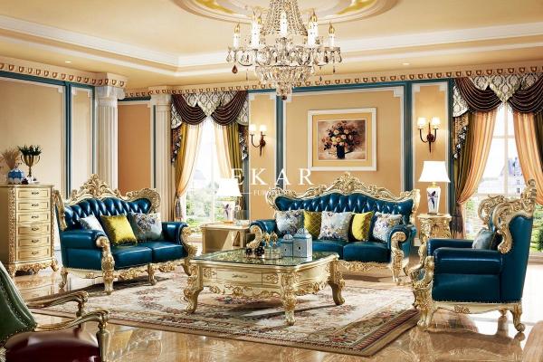 Wooden Frame Italian Leather Luxury Sofa Set