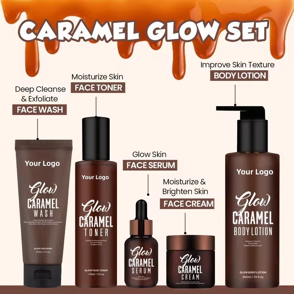 OEM ODM customized natural vegetarian skin care set foam cleanser caramel anti acne skin brightening face cream private brand essence serum toner