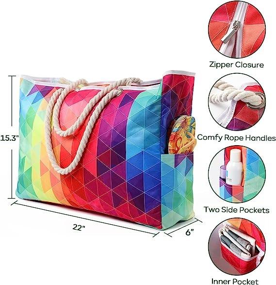 Beach Bag for Women - Large Beach Tote Bag, Waterproof Sandproof Beach Bag with Zipper, Large Swim Pool Beach Tote