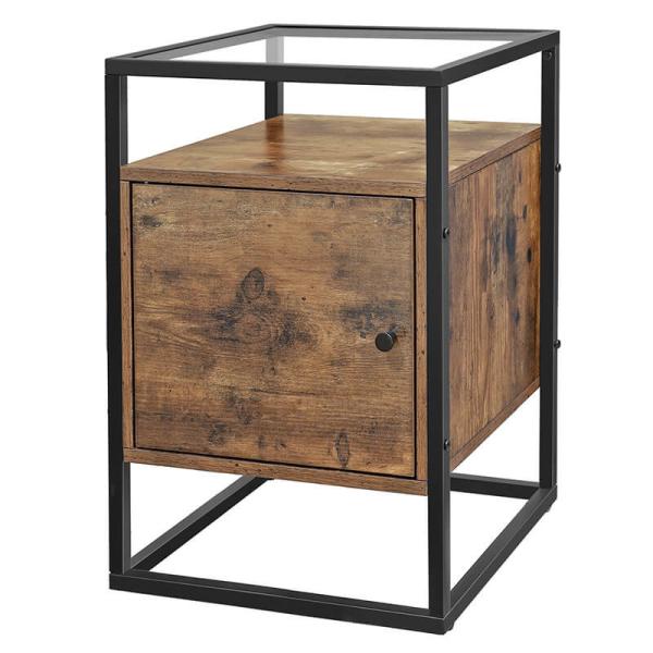Glass Top Nightstands with Cabinet for Sale, Industrial Side Table for Bedroom, LNT05BX