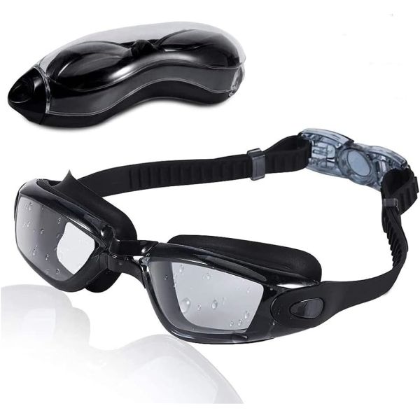 Comfortable Black Adult Swimming Goggles With Integrated Silicone Nose Bridge