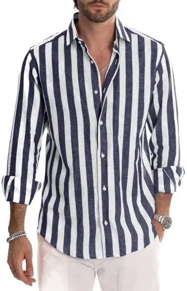                  High Quality Slim Striped Shirt Long Sleeve Large Size Color Plus Size Summer Cotton Linen Men′s Shirt             