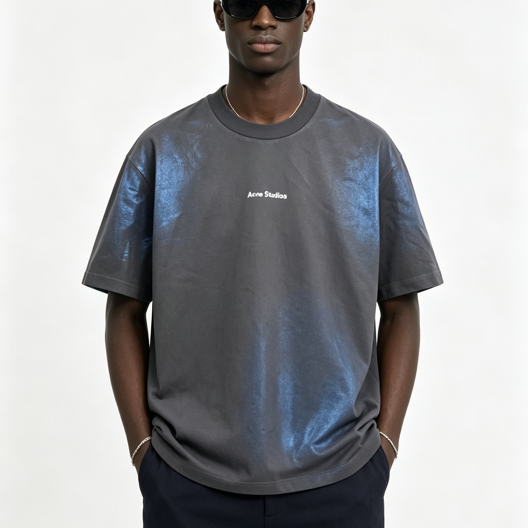 180-250G Slub Cotton Washed Gray T-Shirt, Iridescent Rainbow Foil Print Loose Crew Neck Letter Logo Tee Cross-Border Wholesale