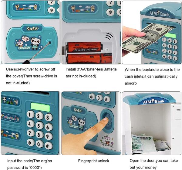 kids educational financial customs atm password piggy bank blue color mini electronic safe