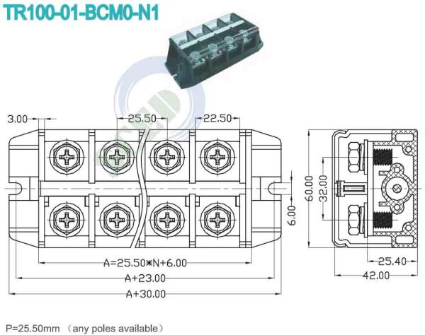 25.50mm 高電流ターミナルブロック 600V 101A パワーターミナルブロック