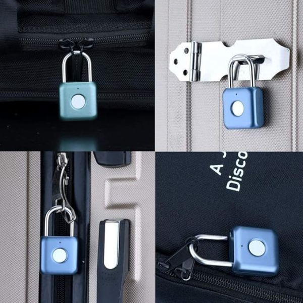 Hot Selling RARLUX Blue Mini IP67 Smart Fingerprint Padlock Zinc Alloy+ABS 304 Stainless Steel Button Cell Battery Travel