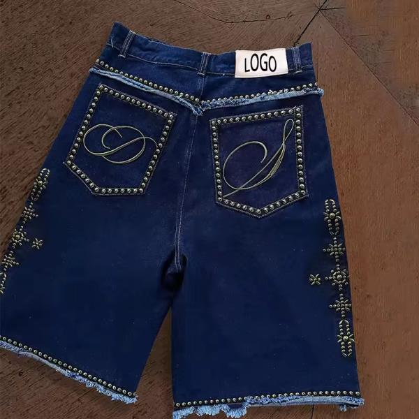 Y2K Casual Vintage Streetwear Custom Baggy Vintage Wash Straight Leg Distressed Rhinestone Jeans Denim Shorts Jorts for Men
