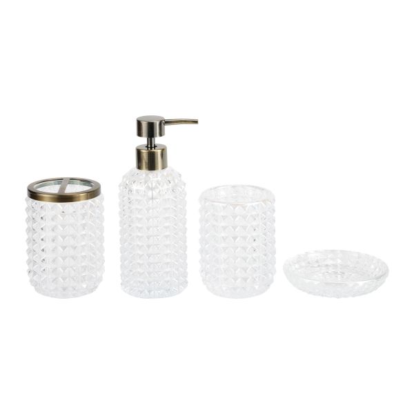 Clear bathroom set round with dots modern design glass lotion pump tumbler soap dish toothbrush holder