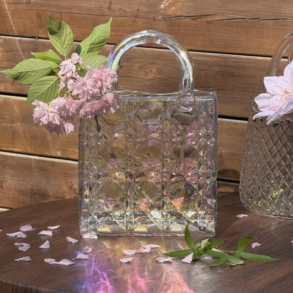 Hand-Blown Diamond Pattern Glass Handbag Vase - Versatile Decorative Centerpiece for Home & Wedding Decor