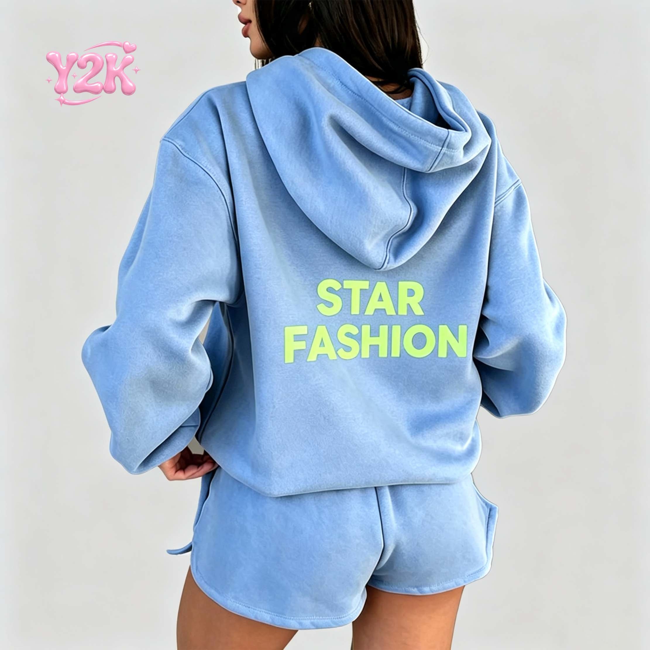 Custom Light Blue Hoodie & Shorts Oversized Loungewear Set