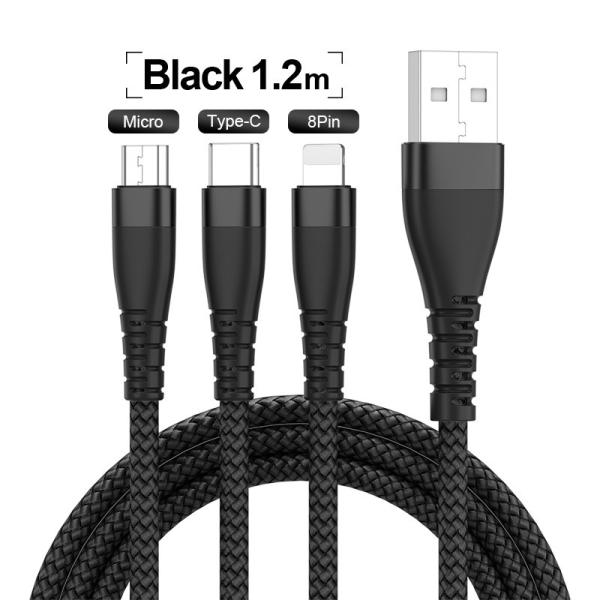 3 In 1 Nylon Braided USB Cable Flexible Phone Charging 3A 1.2M For Iphone Samsung