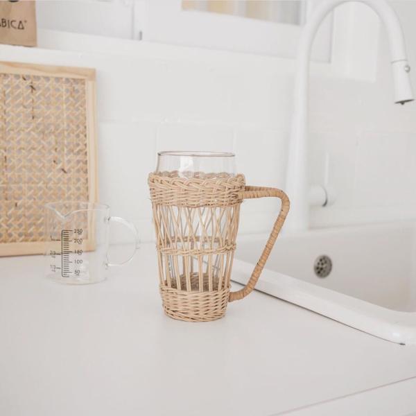 High End Coffee Tea Clear Water Cup Clear Glass Mug With Rattan Holder