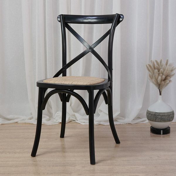 New Arrival Rustic Wooden Cross Back Chair with Woven Rattan Seat for Cafe Bistro Restaurant Commercial Wedding Dining Use