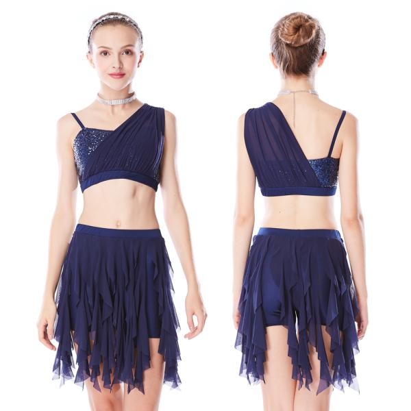 Dance Dresses Sequins Dance Tops One Shoulder Gather With Feather Flower Girls Spirals Skirt