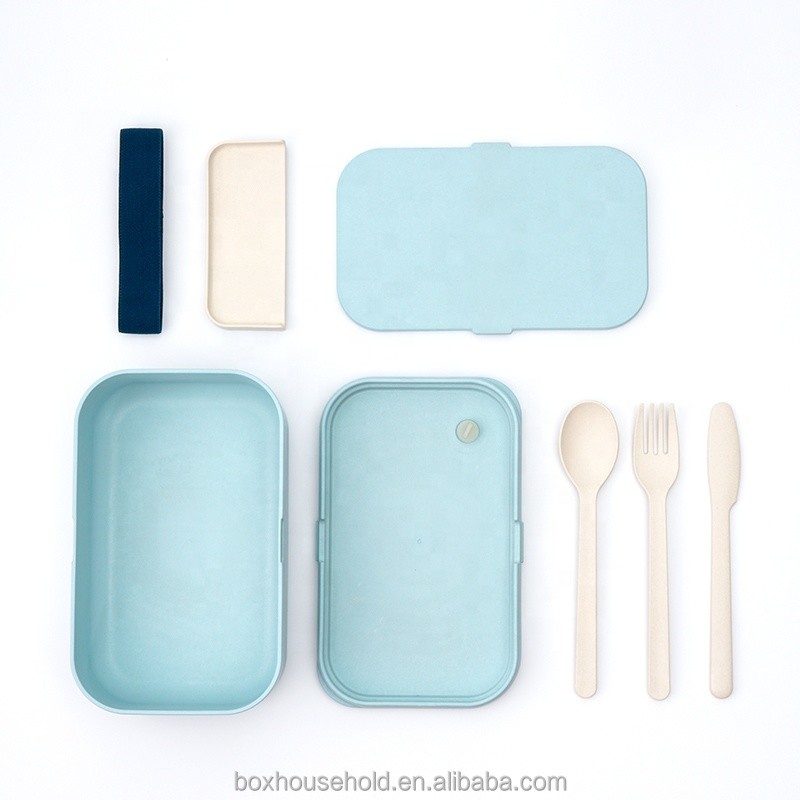 On-the-go Food Grade Custom Logo Eco Microwave Safe Leak-proof Bamboo Fiber Plastic Storage Lunch Box for Kids with Cutlery Set