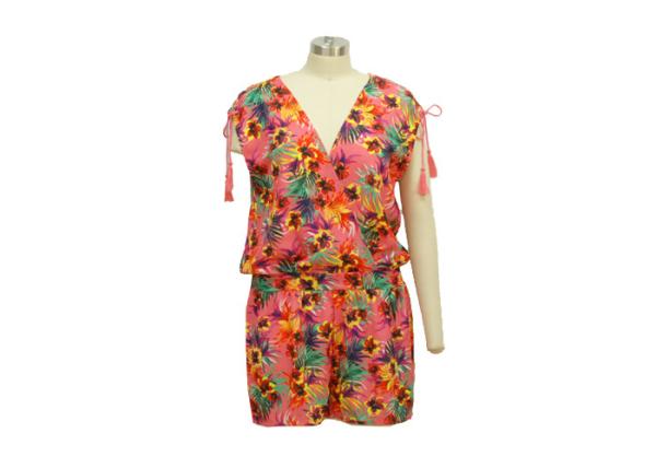 Satin Ladies Summer Jumpsuits , Loose Off The Shoulder Floral Jumpsuit Mesh Fabric