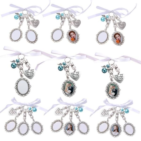 Sublimación en blanco de plata conmemorativa de bodas personalizadas Bouquet de fotos con perlas