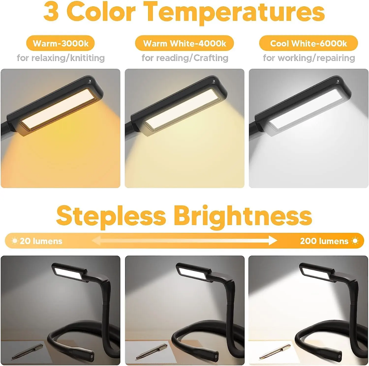 Factory Direct Sales Night Reading LED Lighting Desk Lamp USB Charging Three Color Folding Double Head Hanging Neck Reading Lamp