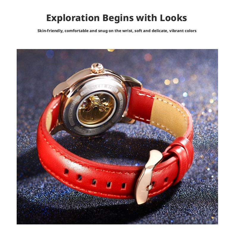 Rose Gold Skeleton Mechanical Ladies Watch Mother Of Pearl Dial Crystal Bezel Genuine Leather Strap 3 Colors Luxury Women Dress Wrist Watch Gift