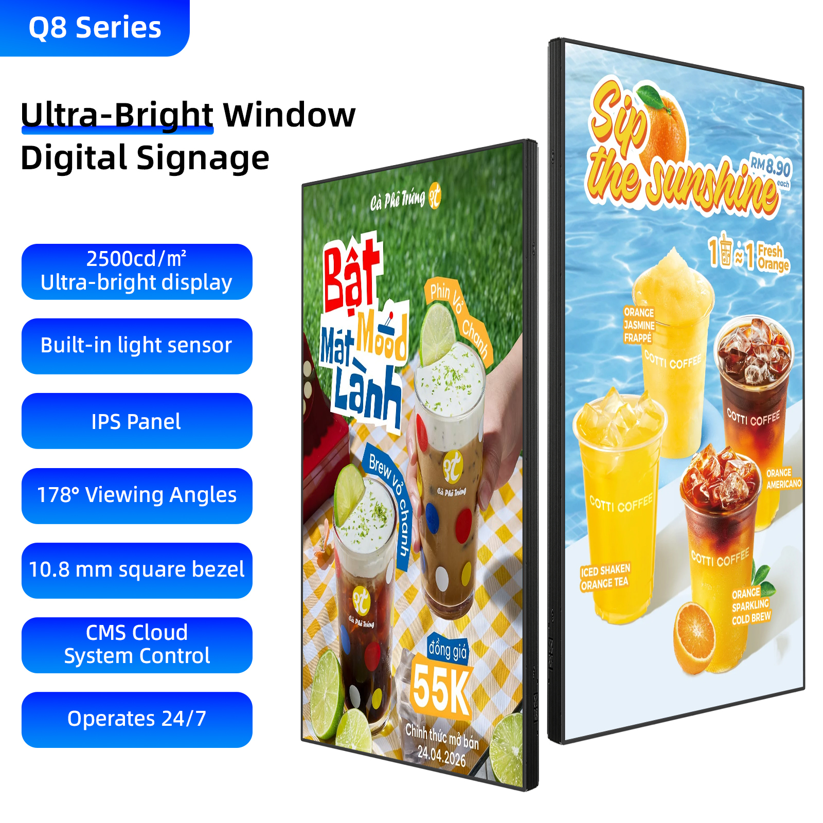 55 Inches 2500 Nits LCD Sunlight Readable Window Facing Ceiling Display Digital Signage